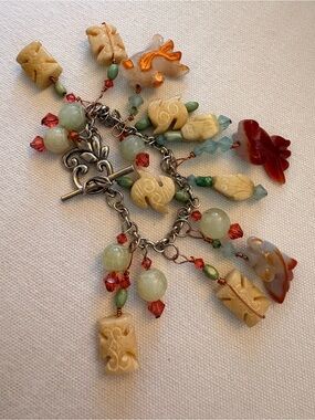 Carved Jade & Carnelian Koi Fish Charm Bracelet - RARE